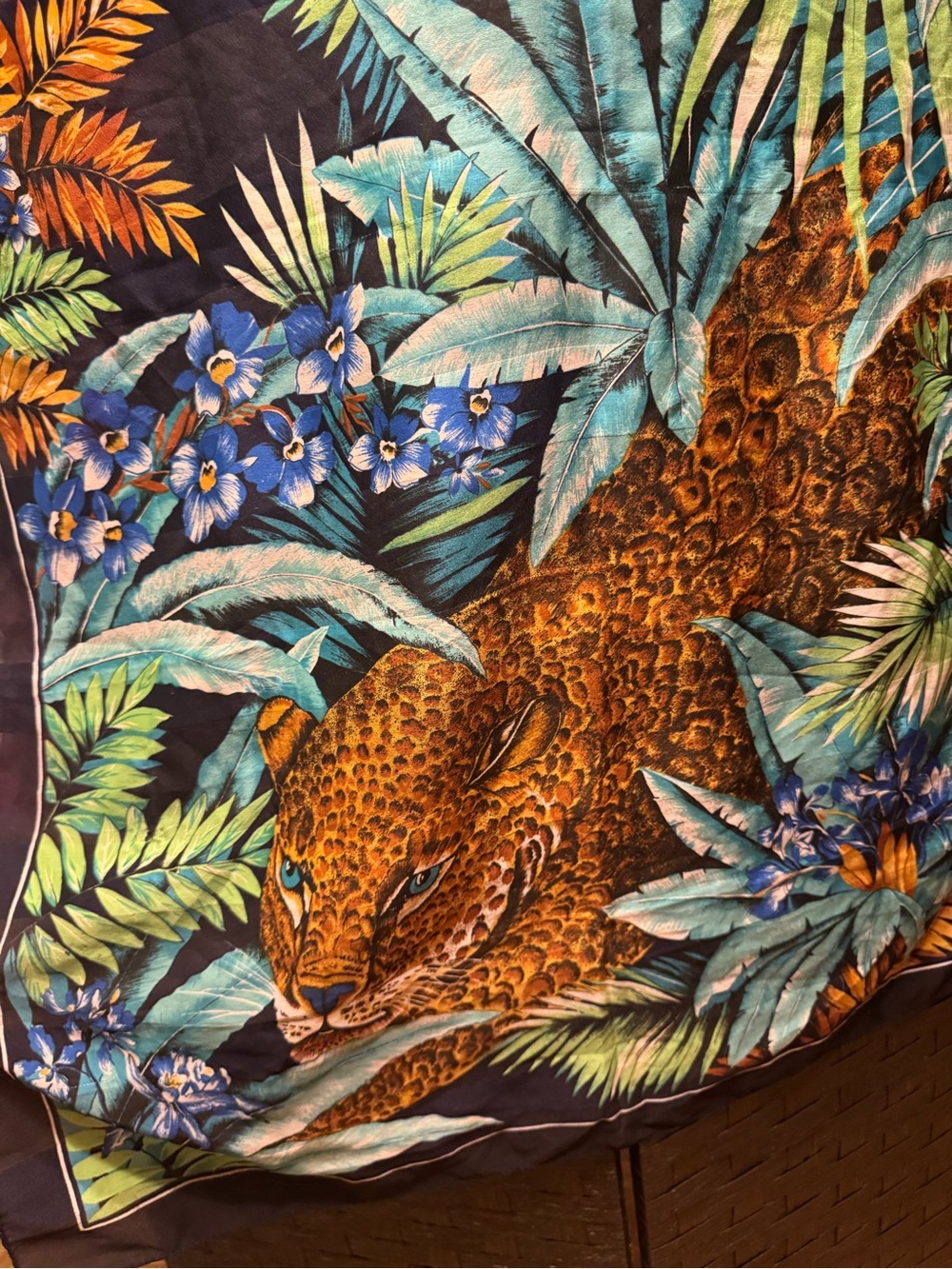 Tropical Leopard Print Scarf with Blue Floral Accents